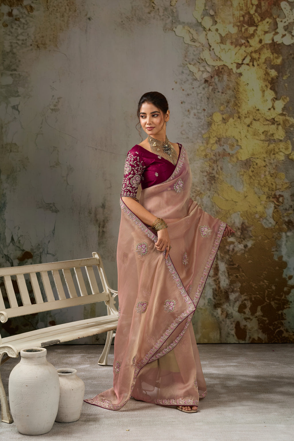 Nayoora Dusty Rose Metallic Tissue Pita Zari Embroidered Saree