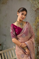 Nayoora Dusty Rose Metallic Tissue Pita Zari Embroidered Saree