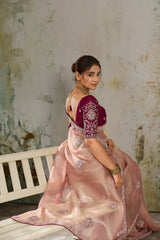 Nayoora Dusty Rose Metallic Tissue Pita Zari Embroidered Saree