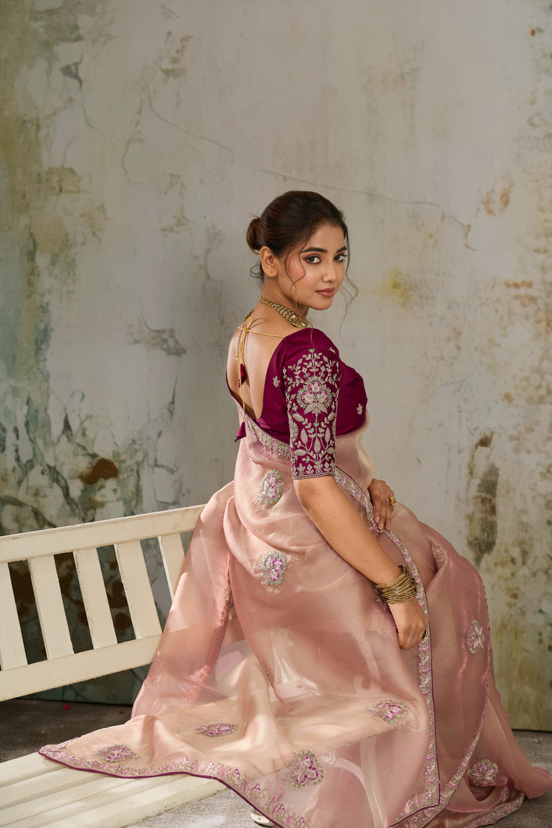 Nayoora Dusty Rose Metallic Tissue Pita Zari Embroidered Saree