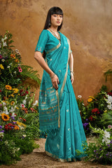 Nayoora Turquoise Blue Tussar Silk Handloom Saree with Traditional Woven Pallu