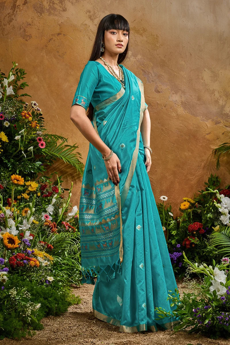 Nayoora Turquoise Blue Tussar Silk Handloom Saree with Traditional Woven Pallu