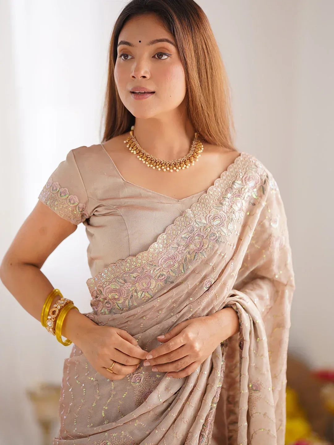 Nayoora Luxe Champagne Beige Crushed Silk Multi-Sequin Saree - Nayoora
