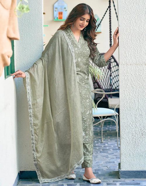 Nayoora Pista Green Printed Kurta Pant Set