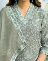 Green printed kurta neckline with V opening and contrast-trim edging