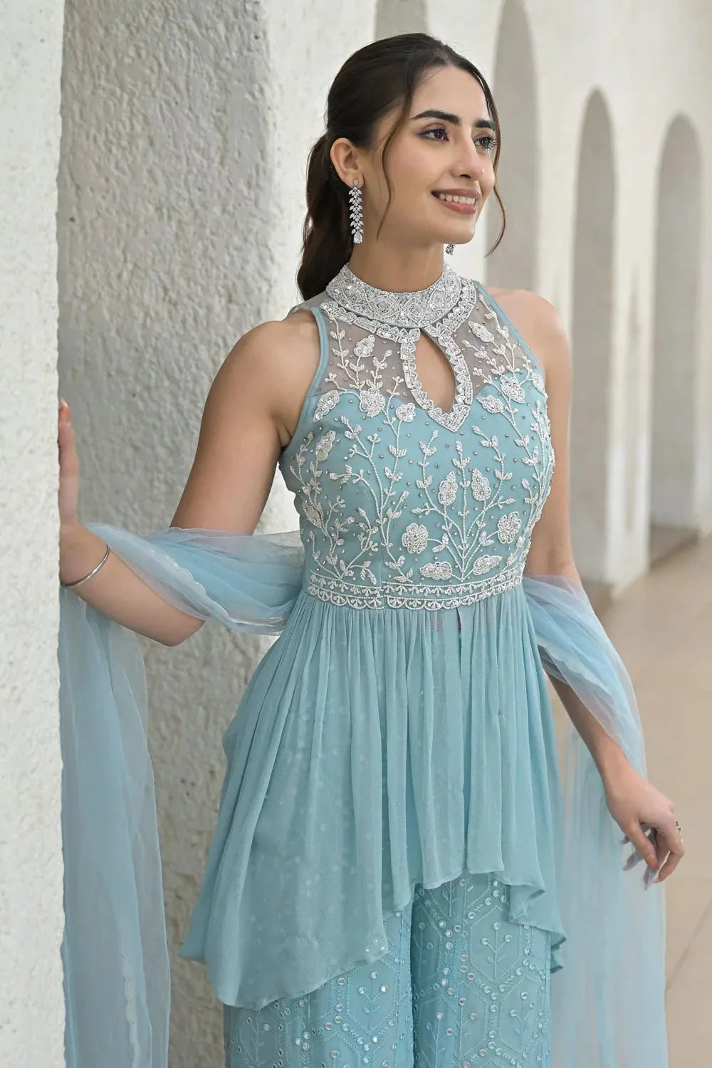 Nayoora Luxe Icy Powder Blue Mirror Work Peplum Palazzo Set - Nayoora