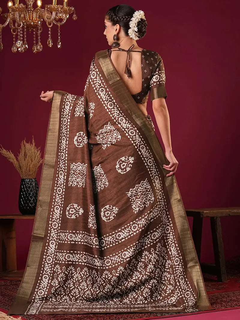 Nayoora Cocoa Brown Printed Silk Blend Saree with Zari Border