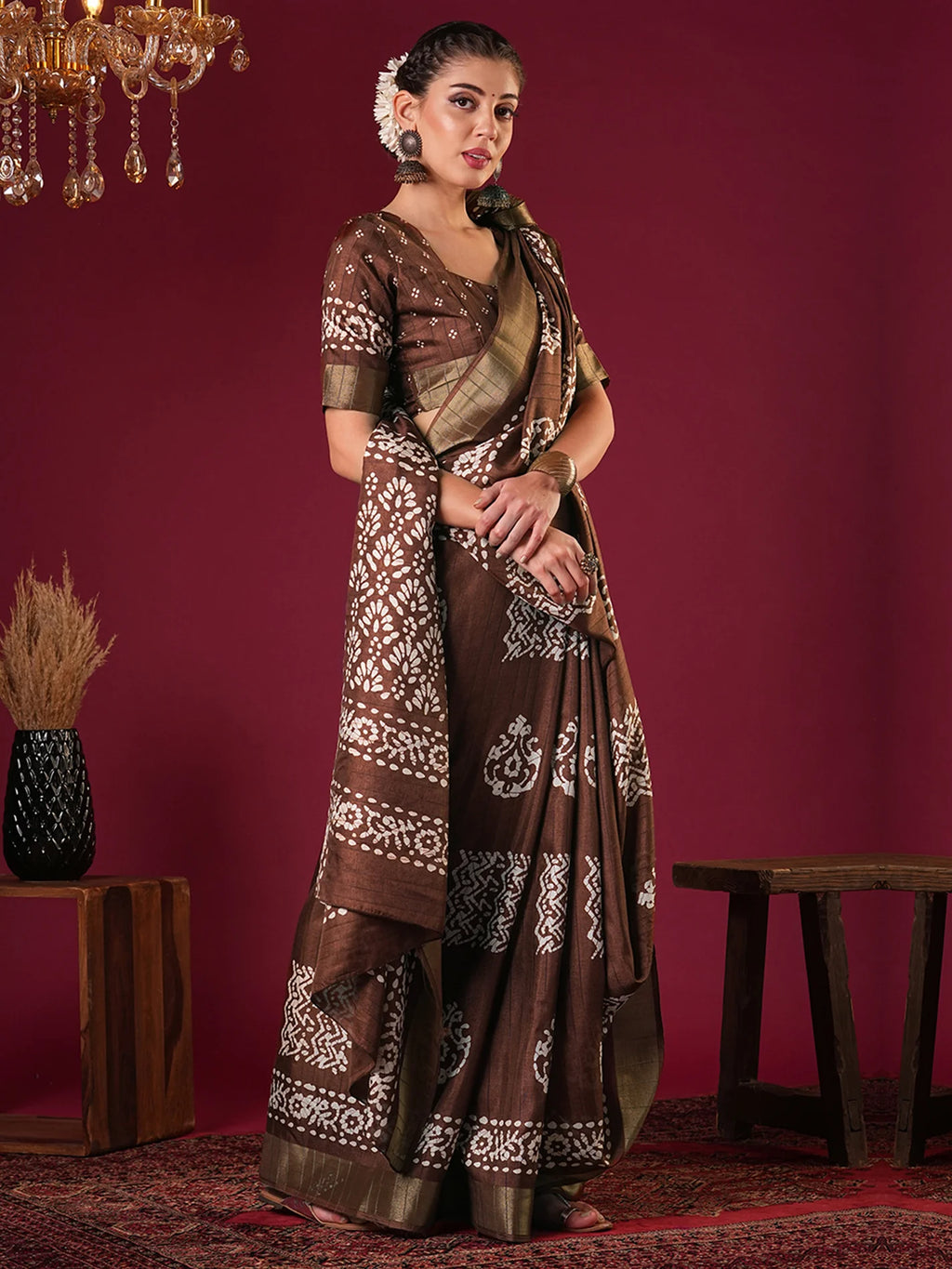 Nayoora Cocoa Brown Printed Silk Blend Saree with Zari Border