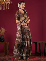 Nayoora Cocoa Brown Printed Silk Blend Saree with Zari Border