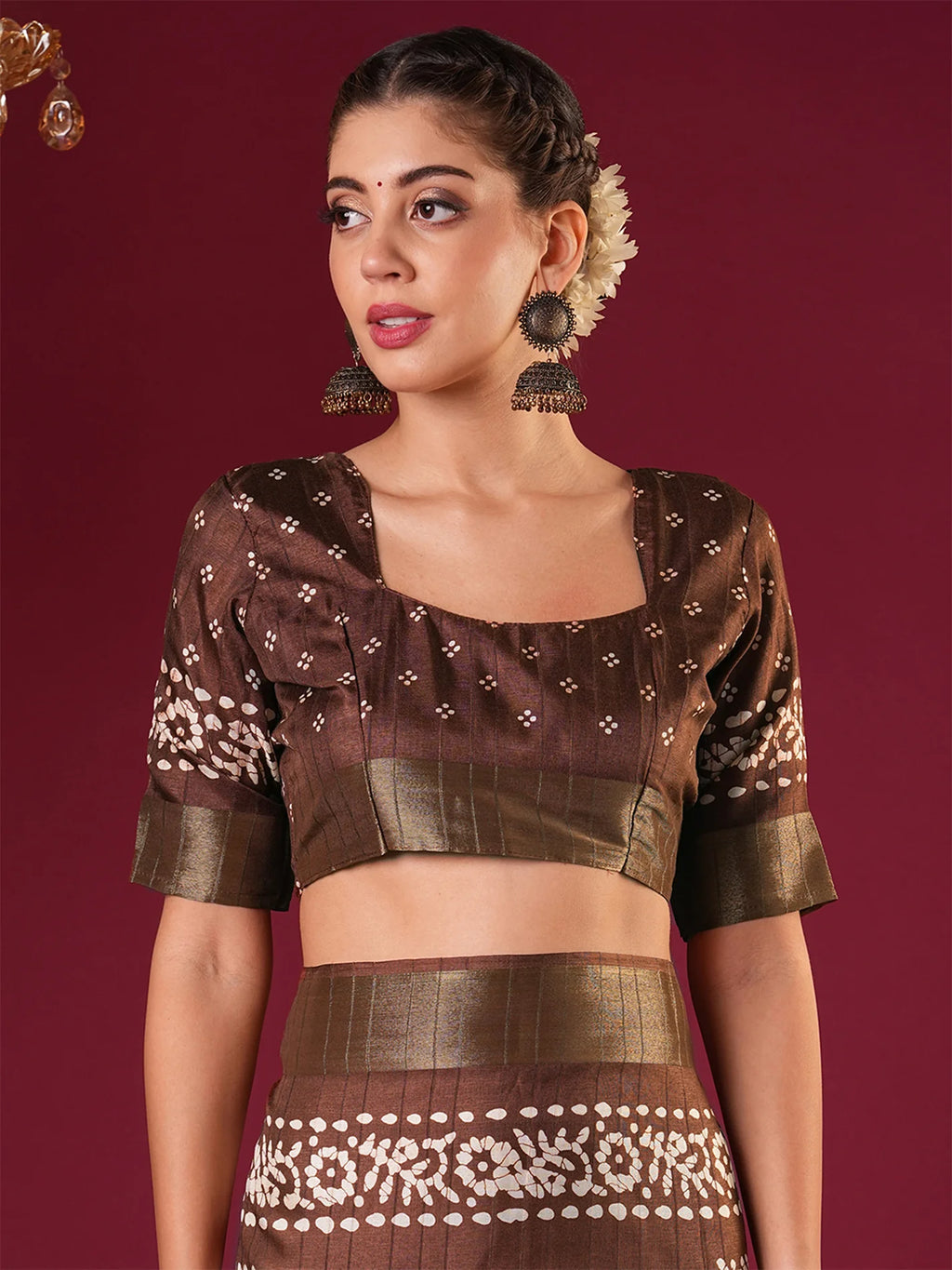 Nayoora Cocoa Brown Printed Silk Blend Saree with Zari Border