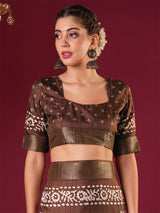 Nayoora Cocoa Brown Printed Silk Blend Saree with Zari Border