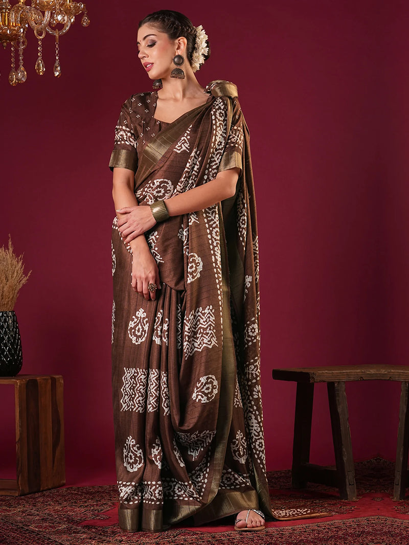 Nayoora Cocoa Brown Printed Silk Blend Saree with Zari Border