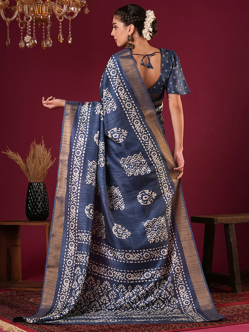 Nayoora Royal Indigo Zari Printed Silk Blend Saree