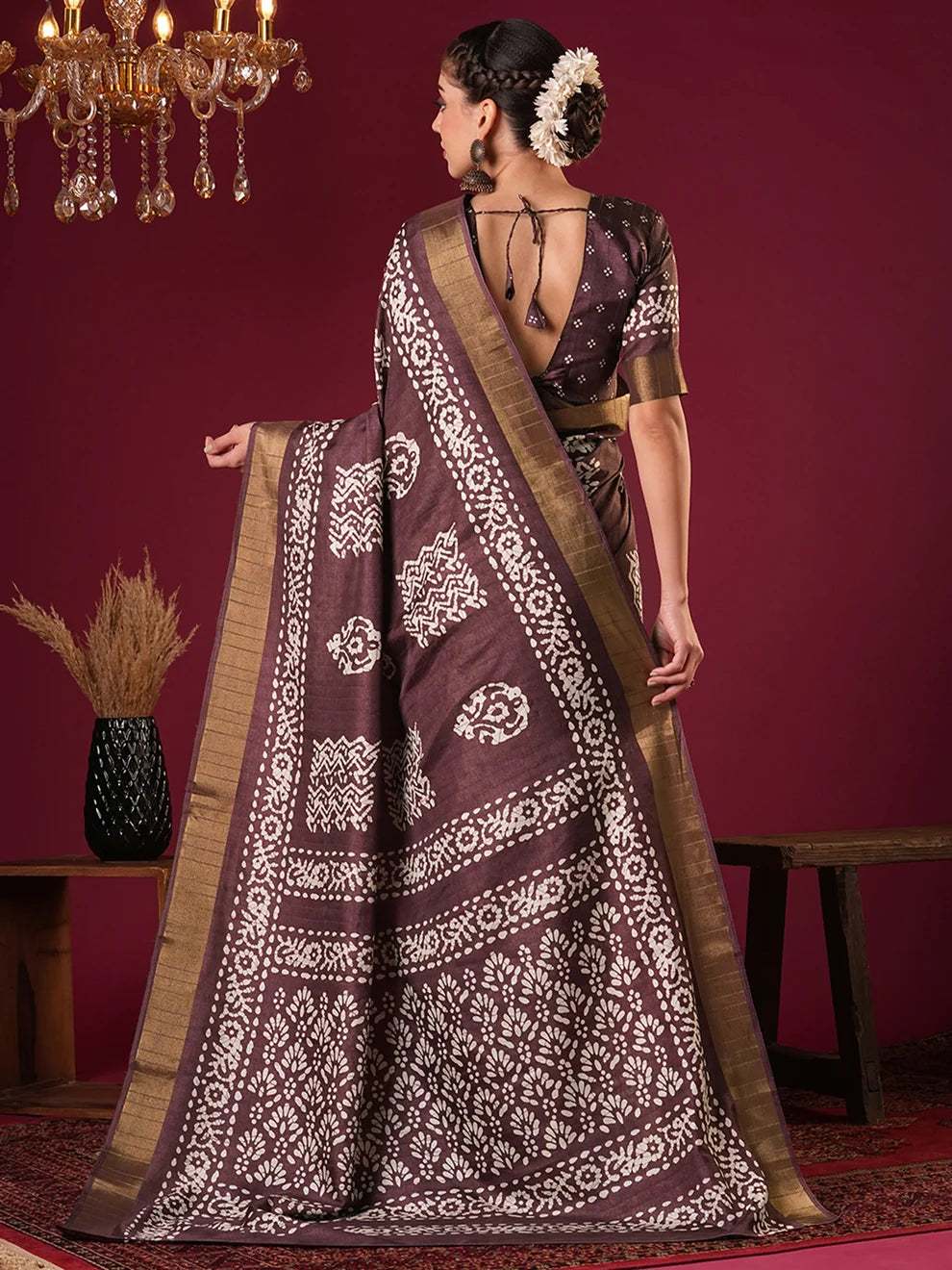 Nayoora Rich Plum Brown Zari Printed Silk Blend Saree