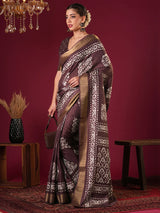 Nayoora Rich Plum Brown Zari Printed Silk Blend Saree