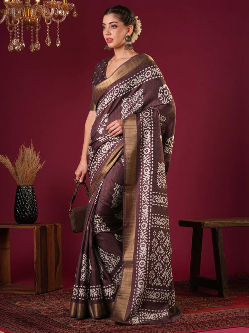 Nayoora Rich Plum Brown Zari Printed Silk Blend Saree