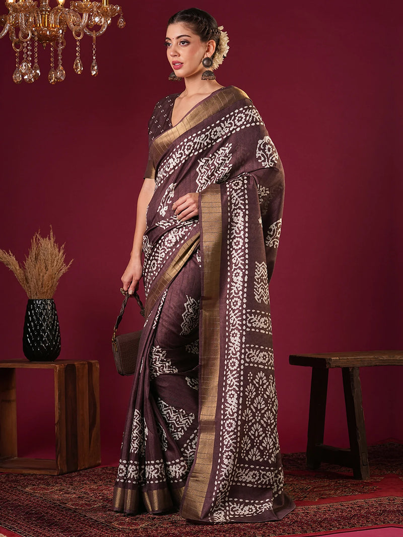 Nayoora Rich Plum Brown Zari Printed Silk Blend Saree