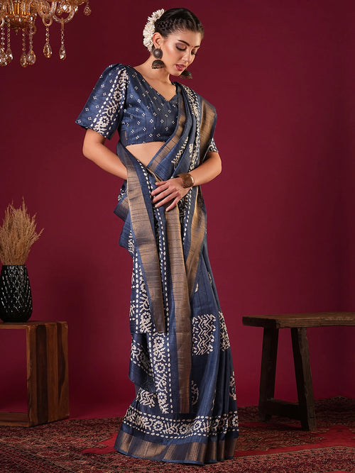 Nayoora Royal Indigo Zari Printed Silk Blend Saree