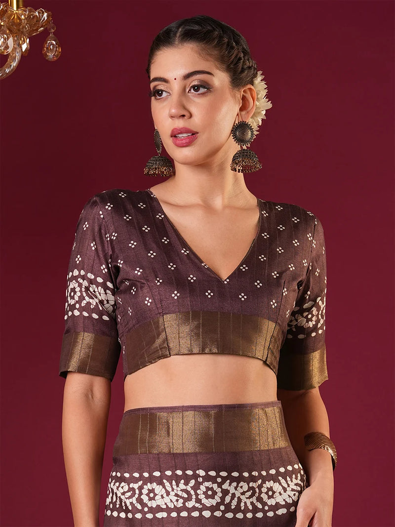 Nayoora Rich Plum Brown Zari Printed Silk Blend Saree