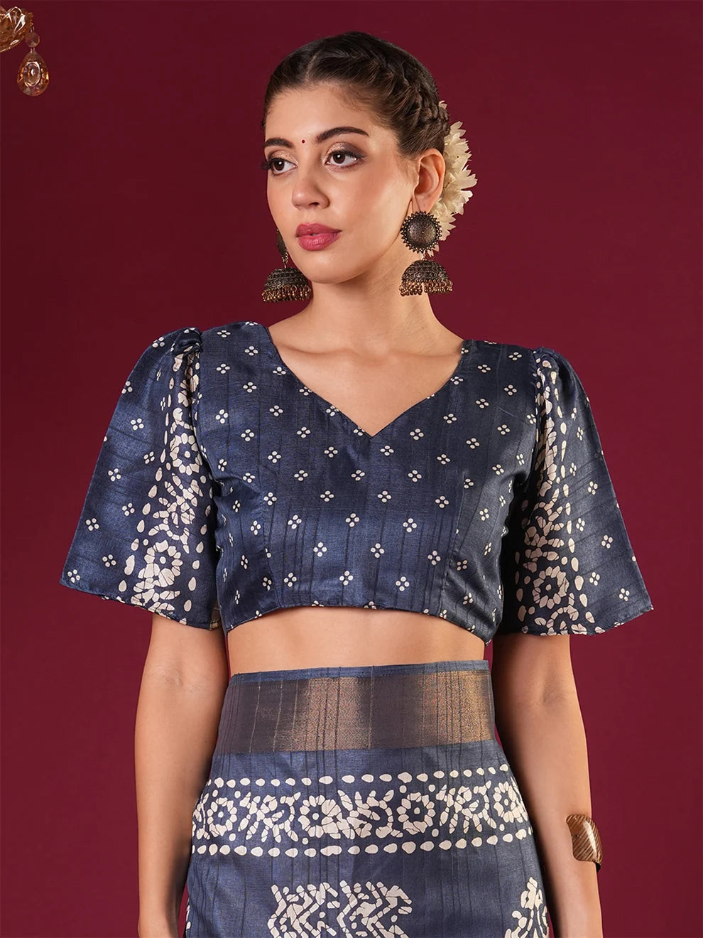 Nayoora Royal Indigo Zari Printed Silk Blend Saree