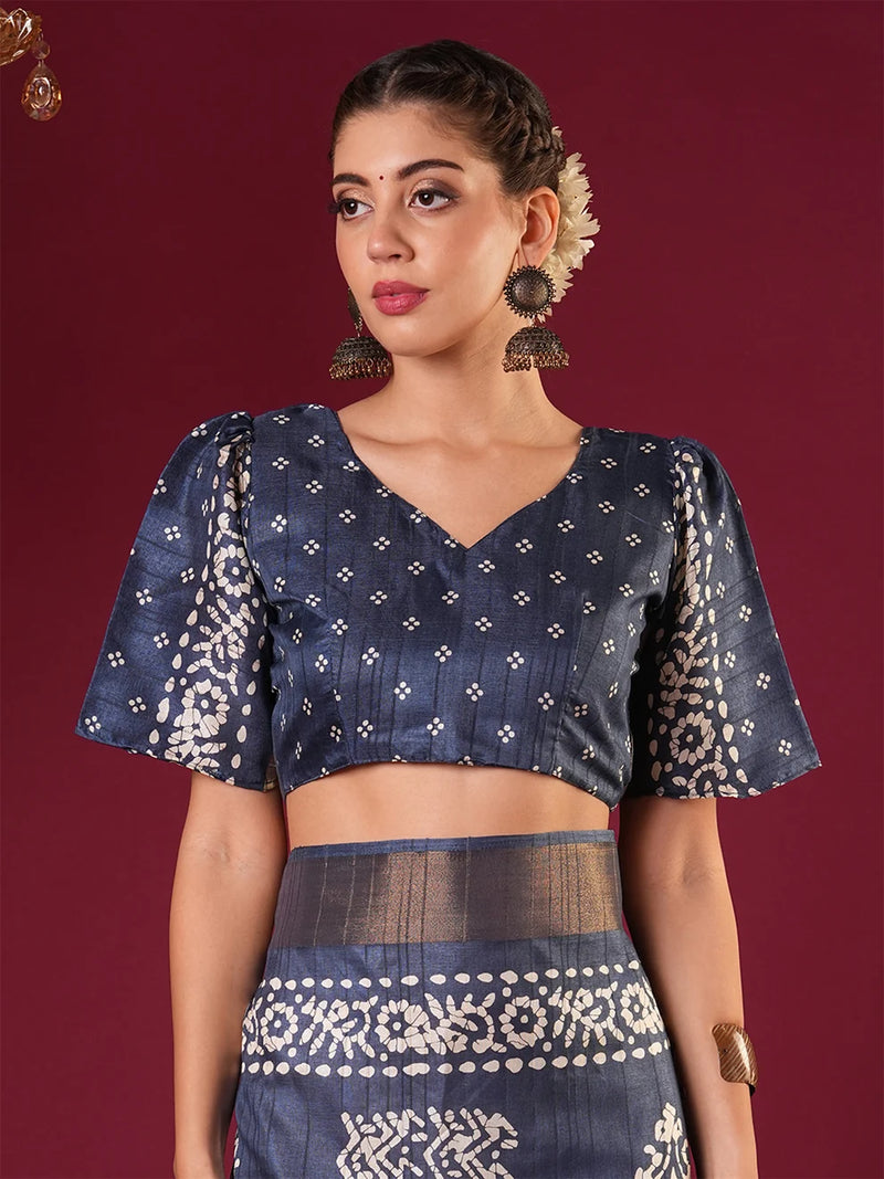 Nayoora Royal Indigo Zari Printed Silk Blend Saree
