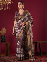 Nayoora Rich Plum Brown Zari Printed Silk Blend Saree