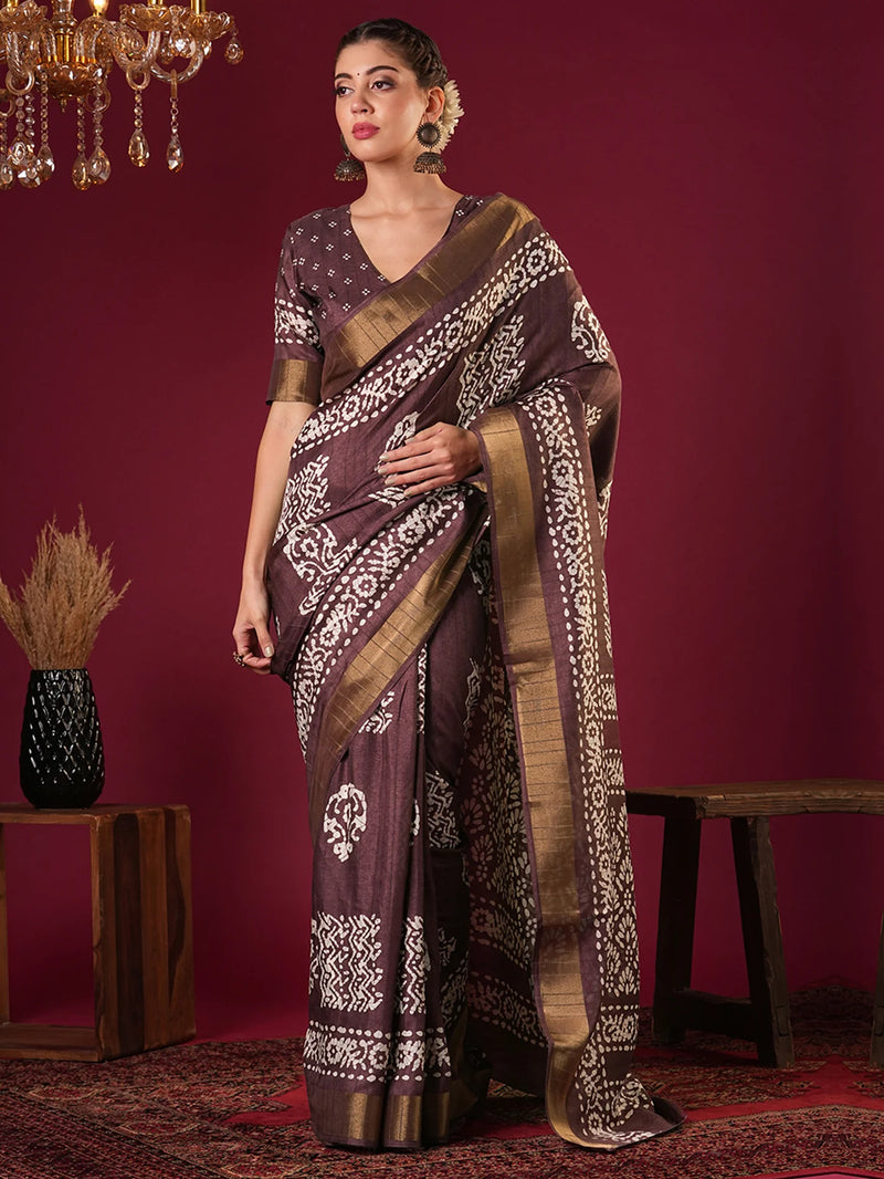 Nayoora Rich Plum Brown Zari Printed Silk Blend Saree