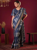 Nayoora Royal Indigo Zari Printed Silk Blend Saree