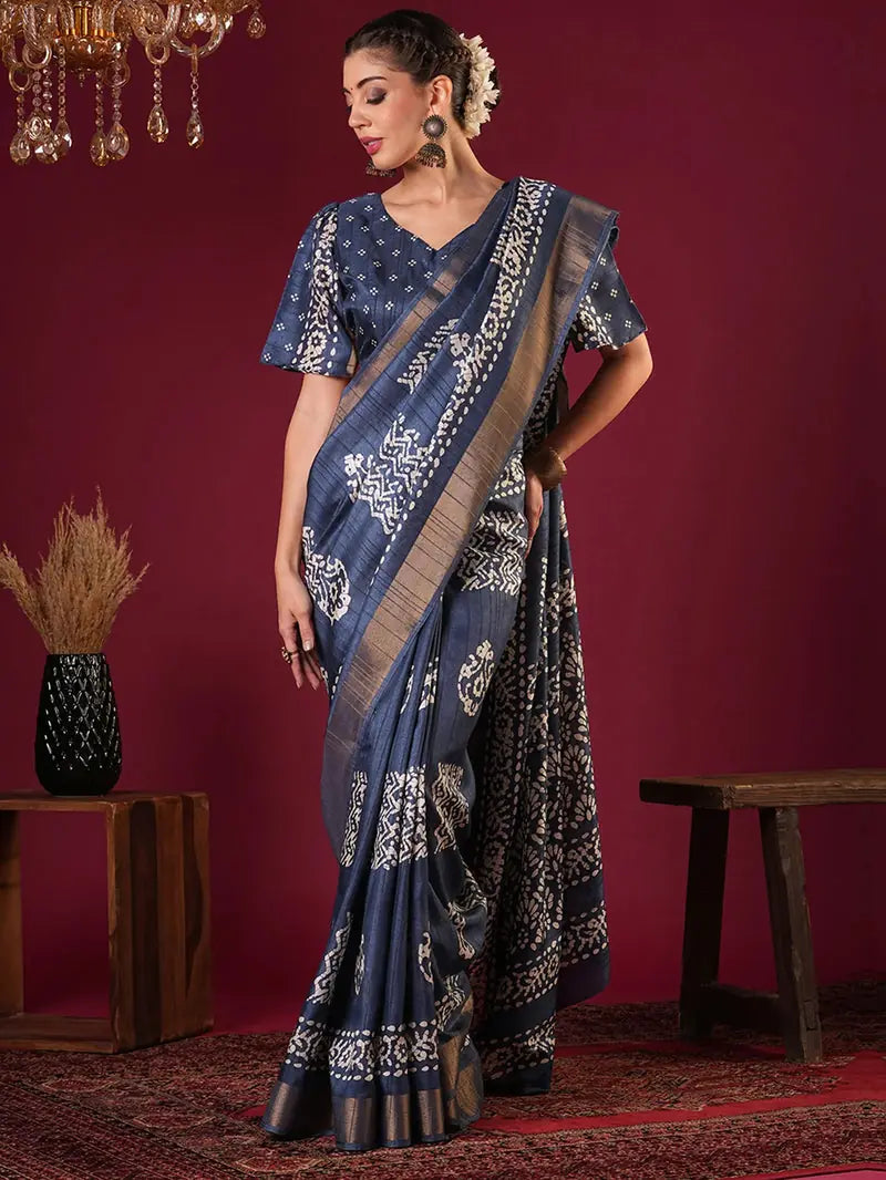 Nayoora Royal Indigo Zari Printed Silk Blend Saree
