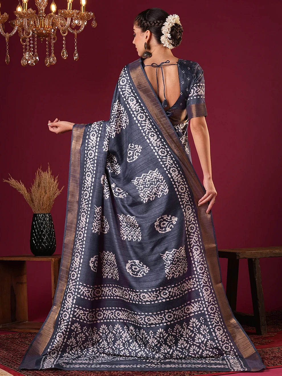 Nayoora Midnight Blue Silk Blend Printed Saree with Antique Gold Zari Border