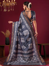 Nayoora Midnight Blue Silk Blend Printed Saree with Antique Gold Zari Border