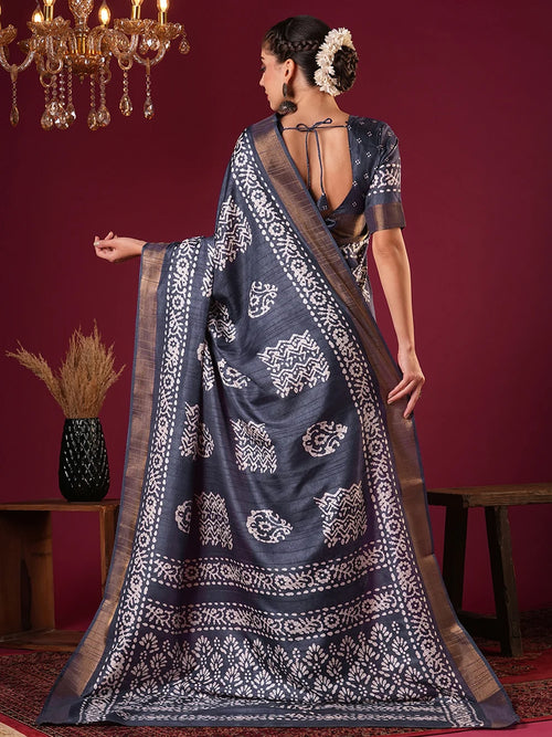 Nayoora Midnight Blue Silk Blend Printed Saree with Antique Gold Zari Border