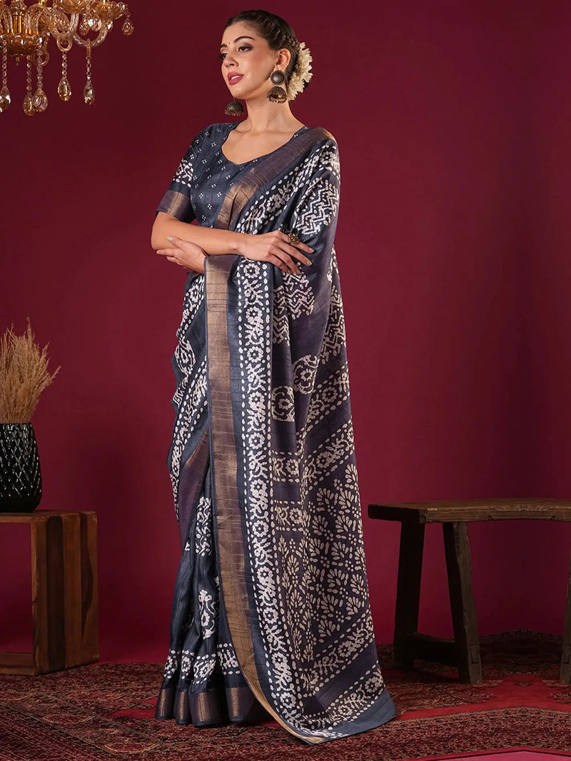 Nayoora Midnight Blue Silk Blend Printed Saree with Antique Gold Zari Border
