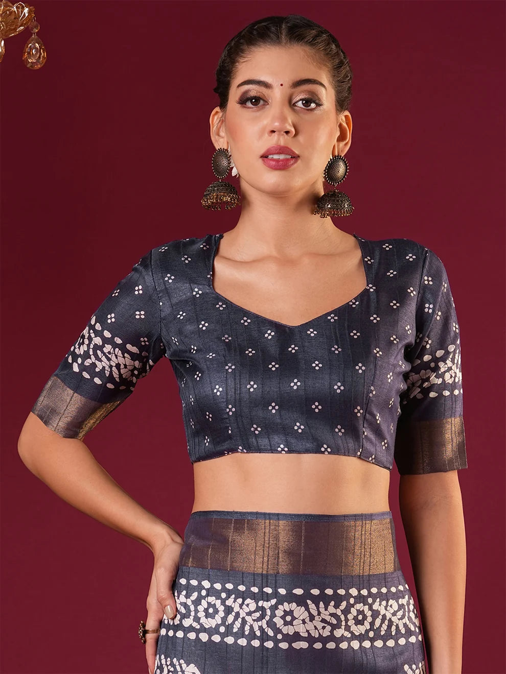 Nayoora Midnight Blue Silk Blend Printed Saree with Antique Gold Zari Border