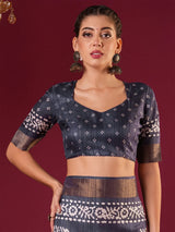 Nayoora Midnight Blue Silk Blend Printed Saree with Antique Gold Zari Border