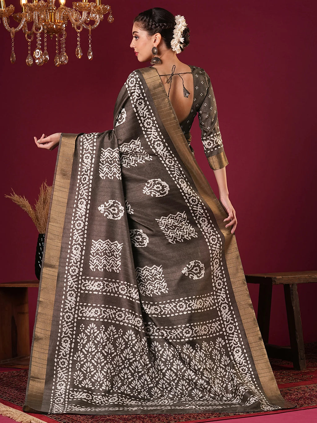 Nayoora Espresso Brown Silk Blend Printed Saree with Antique Gold Border