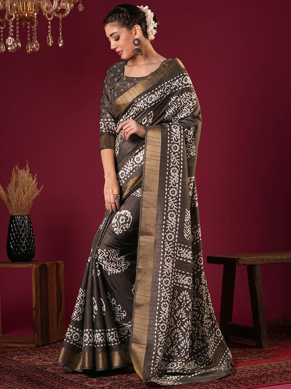 Nayoora Espresso Brown Silk Blend Printed Saree with Antique Gold Border