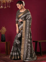Nayoora Espresso Brown Silk Blend Printed Saree with Antique Gold Border