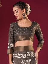 Nayoora Espresso Brown Silk Blend Printed Saree with Antique Gold Border