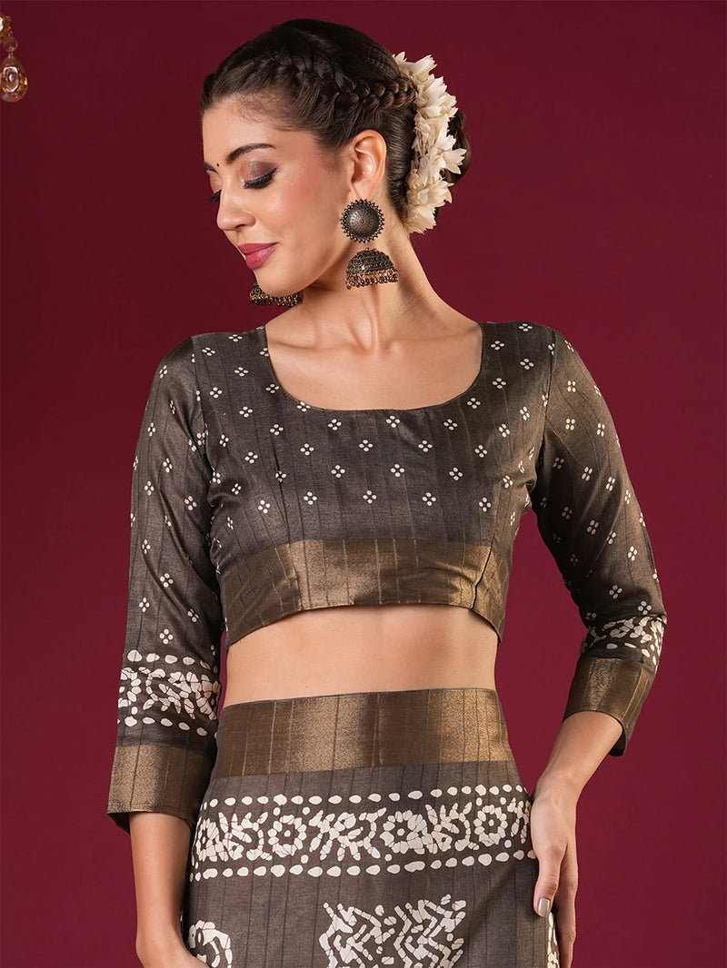 Nayoora Espresso Brown Silk Blend Printed Saree with Antique Gold Border