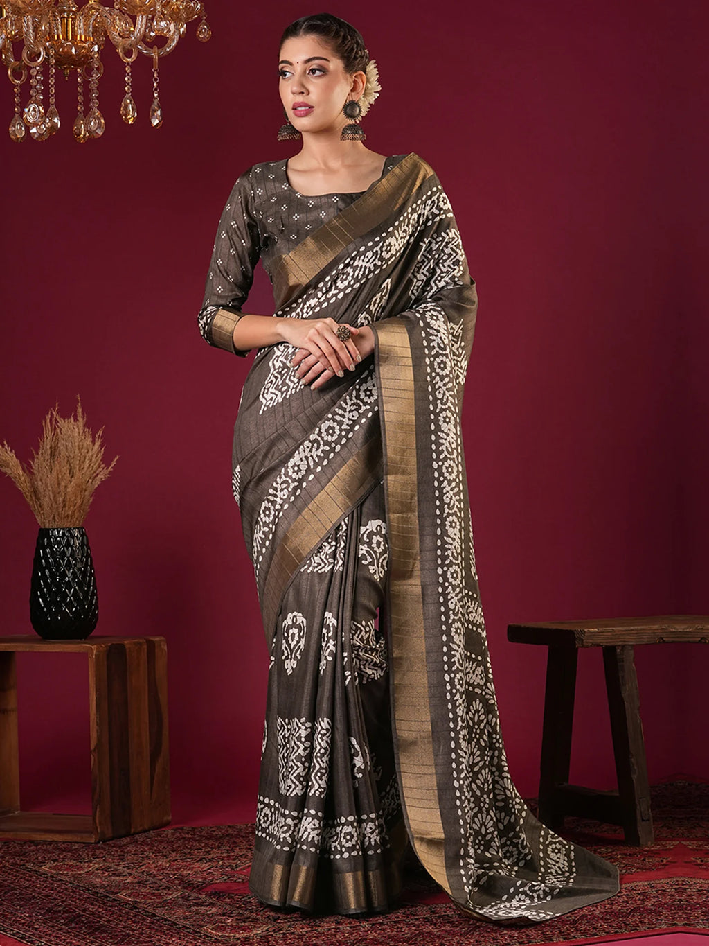 Nayoora Espresso Brown Silk Blend Printed Saree with Antique Gold Border