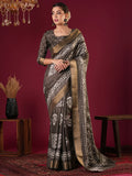 Nayoora Espresso Brown Silk Blend Printed Saree with Antique Gold Border