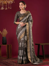 Nayoora Espresso Brown Silk Blend Printed Saree with Antique Gold Border