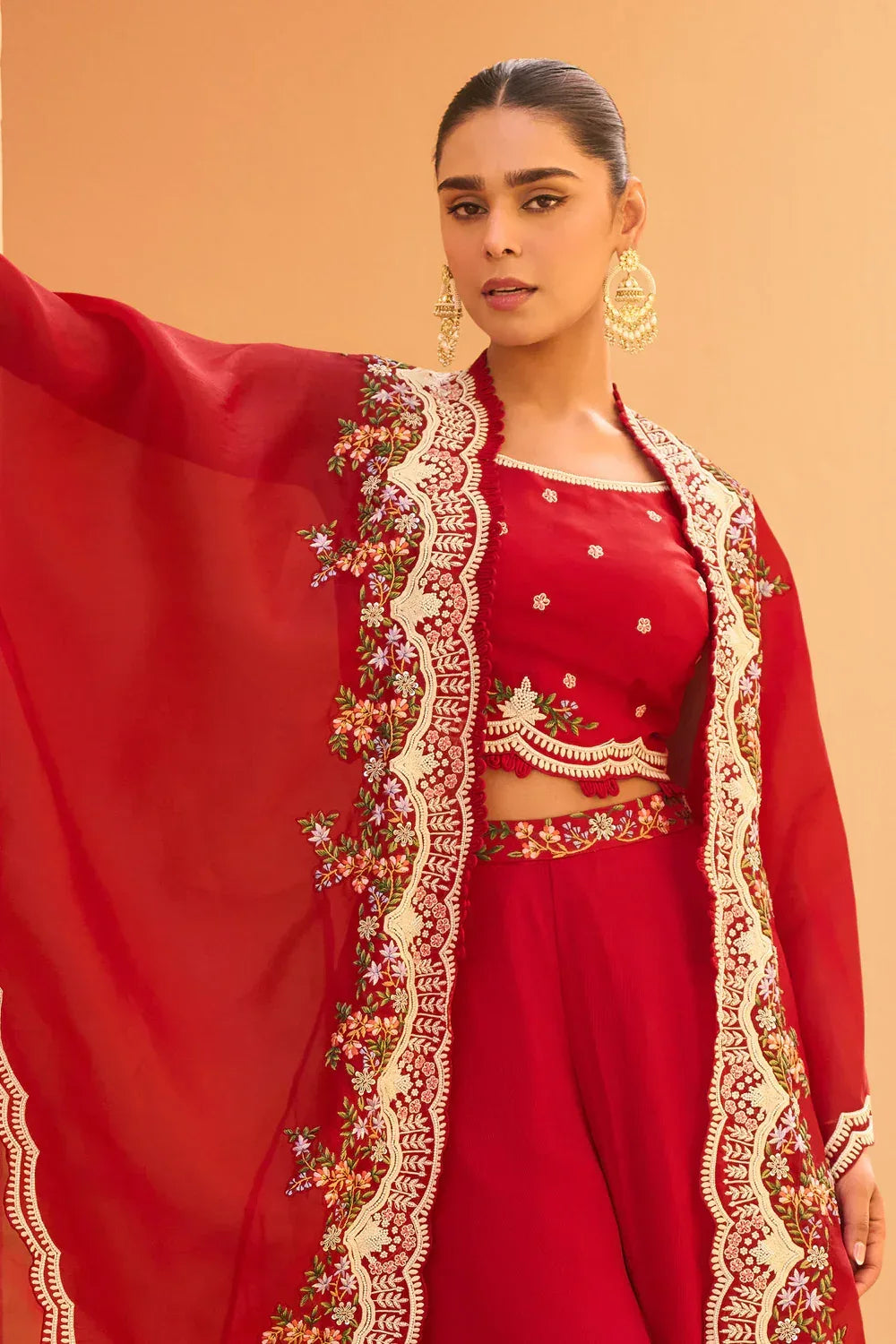 Nayoora Luxe Cherry Red Chinnon Embroidered Cape Palazzo Set - Nayoora