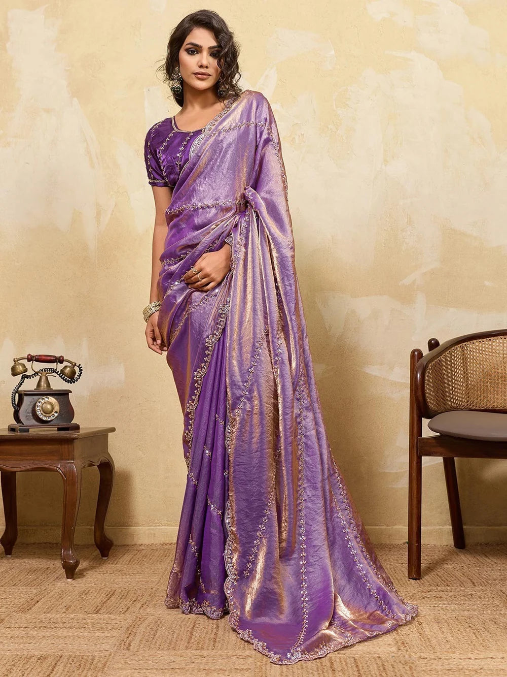 Nayoora Lavender Purple Embroidered Designer Saree With Purple Blouse