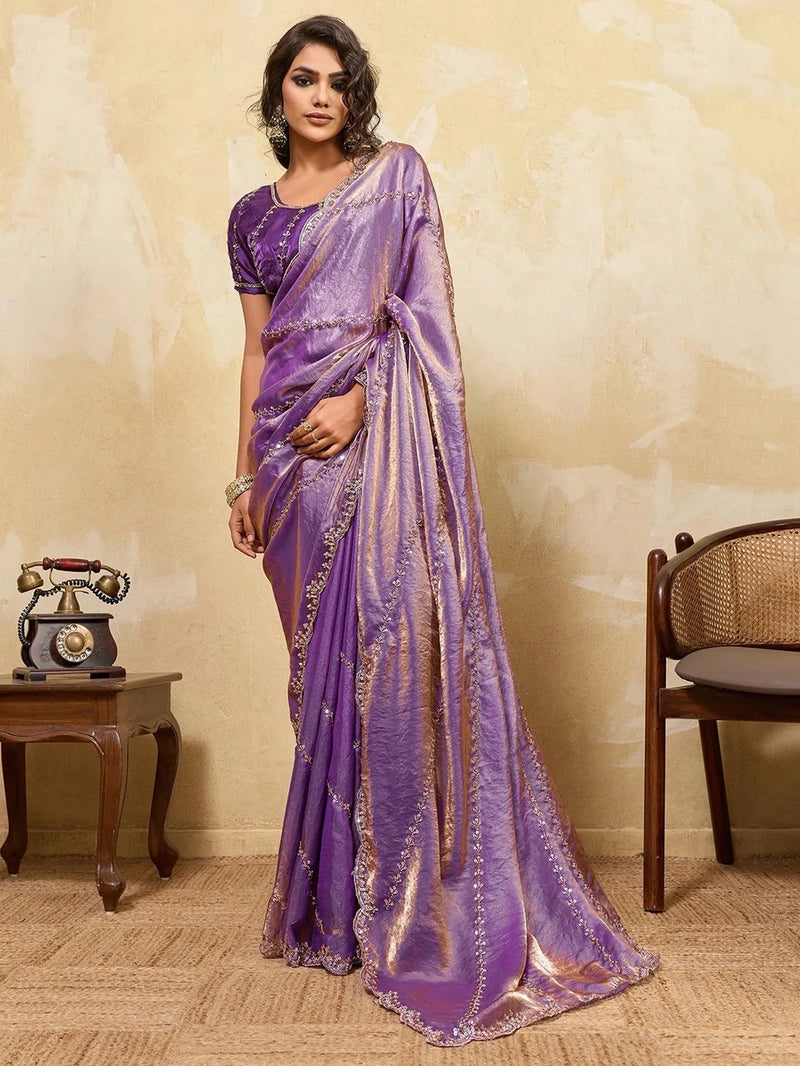 Nayoora Lavender Purple Embroidered Designer Saree With Purple Blouse