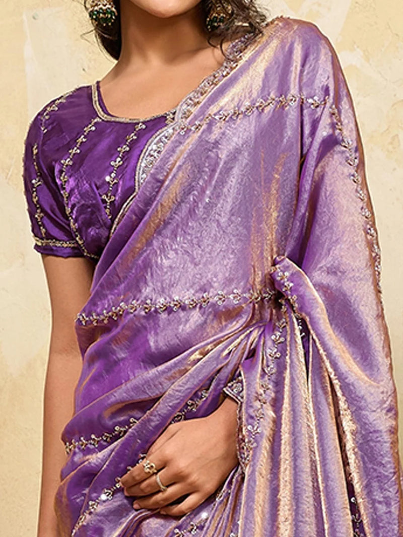 Nayoora Lavender Purple Embroidered Designer Saree With Purple Blouse