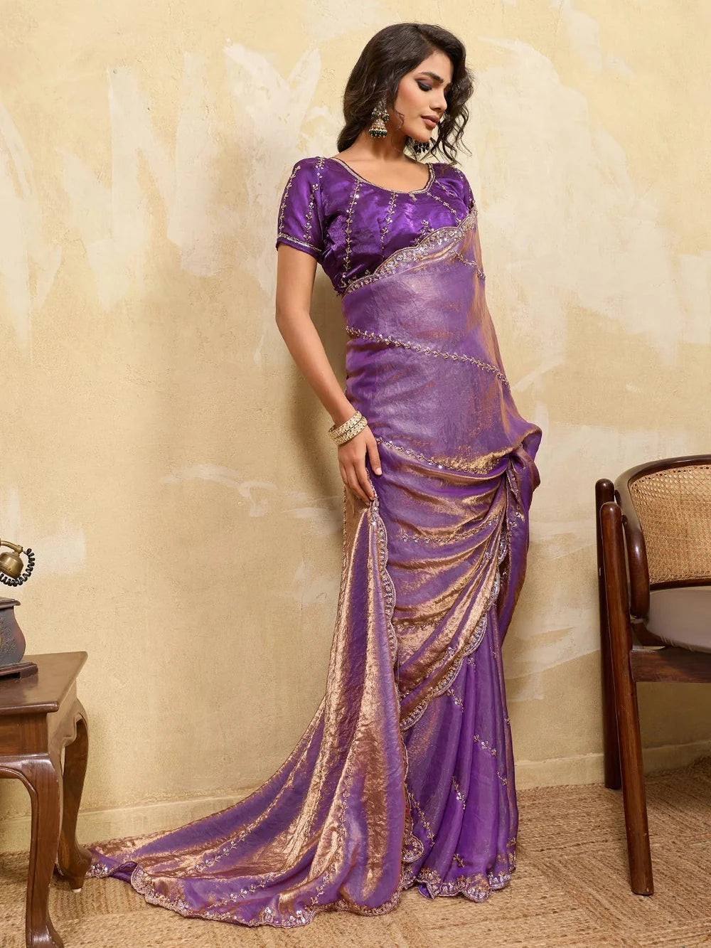 Nayoora Lavender Purple Embroidered Designer Saree With Purple Blouse