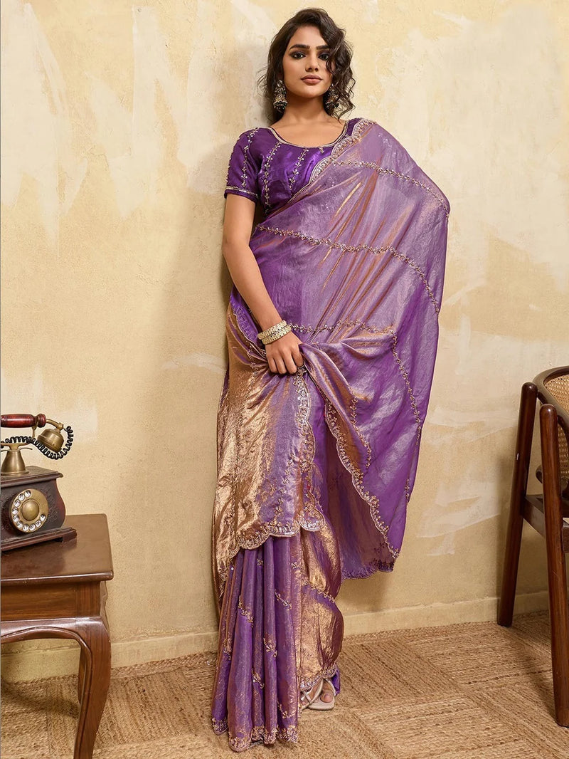 Nayoora Lavender Purple Embroidered Designer Saree With Purple Blouse