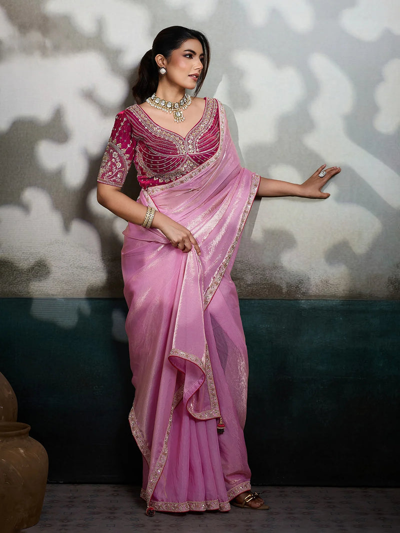 Nayoora Roselle Pink Embroidered Saree